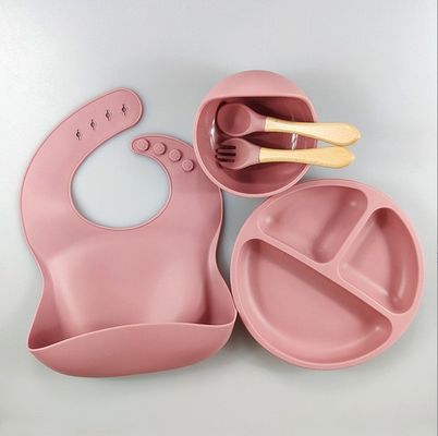 5pcs 친환경 아기 먹이 세트 실리콘 흡입 그릇 접시 컵 포크 비브 유아용