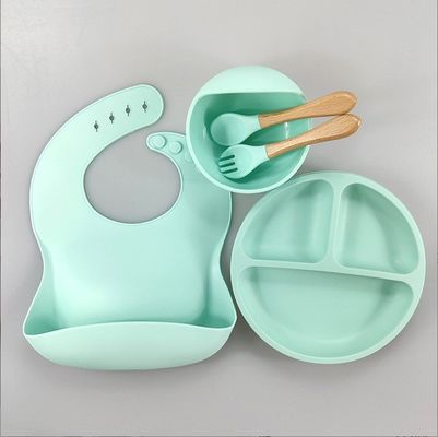 5pcs 친환경 아기 먹이 세트 실리콘 흡입 그릇 접시 컵 포크 비브 유아용
