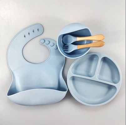 5pcs 친환경 아기 먹이 세트 실리콘 흡입 그릇 접시 컵 포크 비브 유아용
